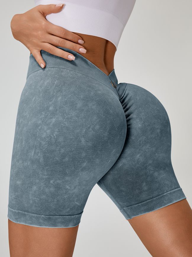 ZASUWA Female Deep V Back Faux Denim Scrunch Bum Spandex Gym Booty Shorts