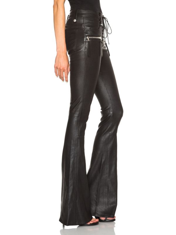 ZASUWA Female Faux Leather Zipper Lace-up Flare Leggings