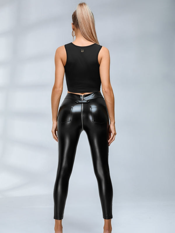 ZASUWA Female Faux Leather Zipper Buttons Pocket Hollow Out Drawstring Tracksuit