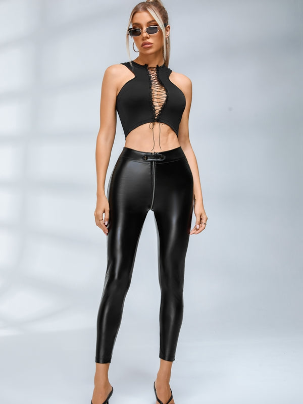 ZASUWA Female Faux Leather Zipper Buttons Pocket Hollow Out Drawstring Tracksuit