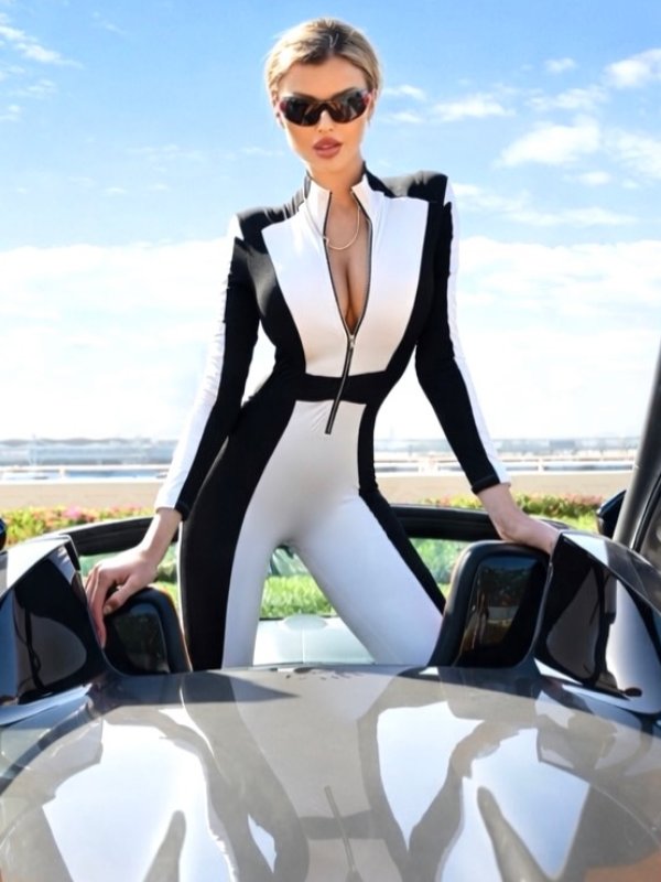 "SciFi Heroine" Contrast Color PU Half Zipper Jumpsuit