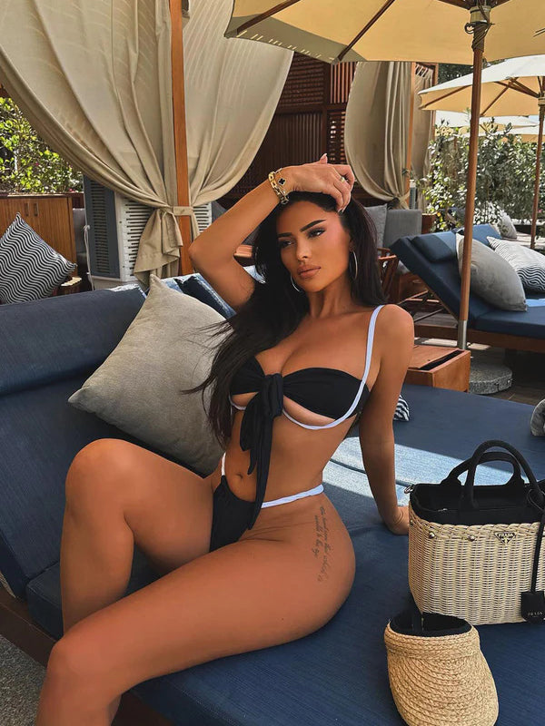 ZASUWA Female Sexy Contrast Color Bow-knot Lace-up Hollow Out Bikini Set