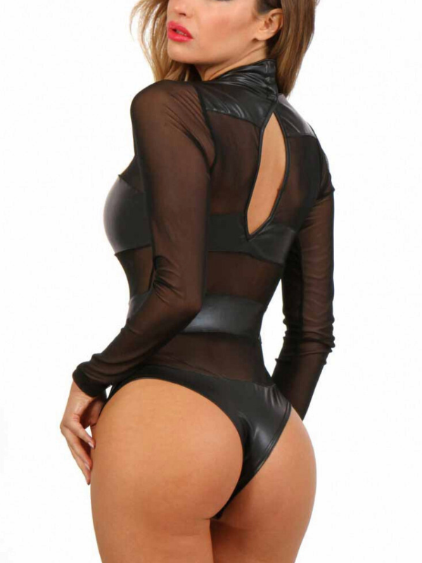 ❤ZASUWA Female Sexy Sheer PU Mesh Panel Bodysuit Lingerie