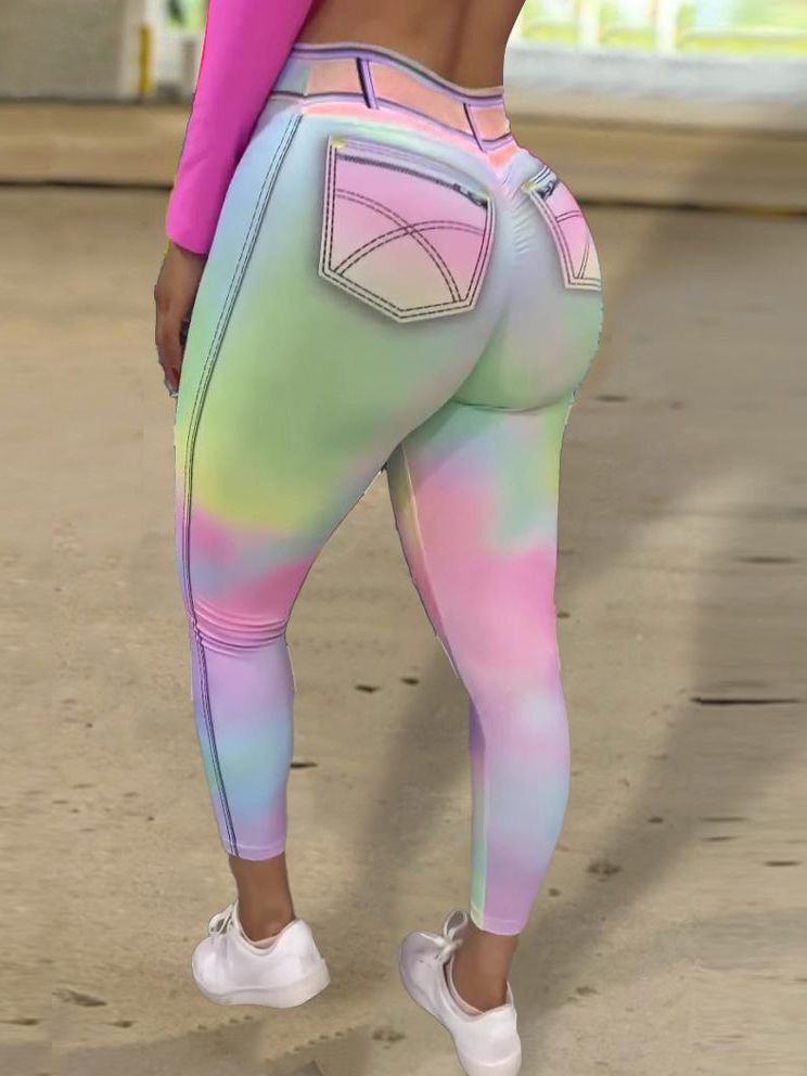 ZASUWA Female Hot Tie Dye Faux Denim Scrunch Bum Contrast Color Leggings