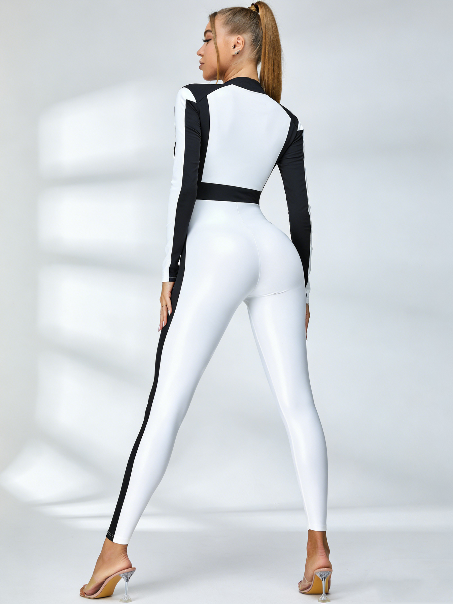 "SciFi Heroine" Zipper Contrast Color PU Short Romper