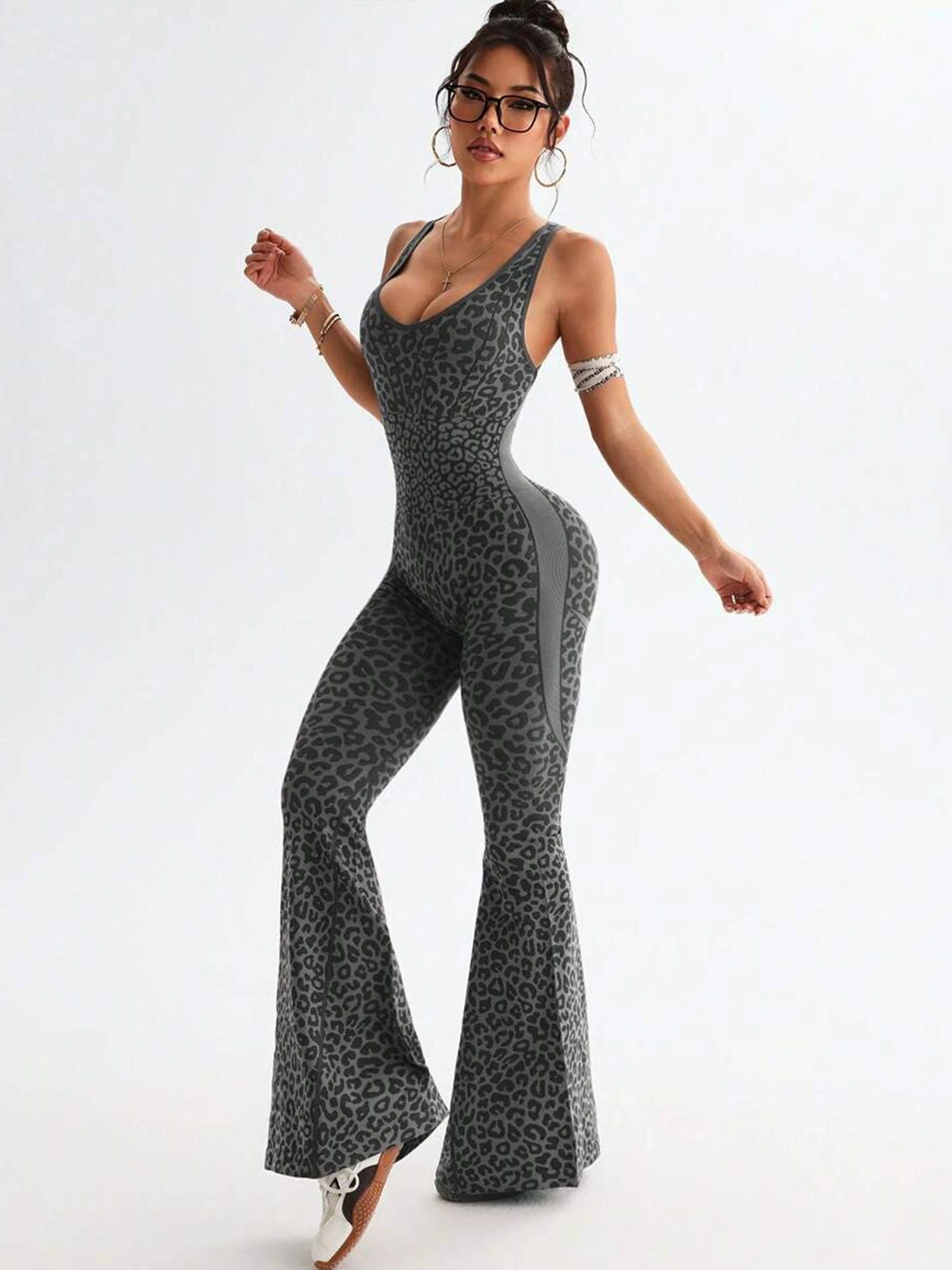 ZASUWA Female Sexy Leopard Print Hollow Out Cross Back Deep V Back Jumpsuit
