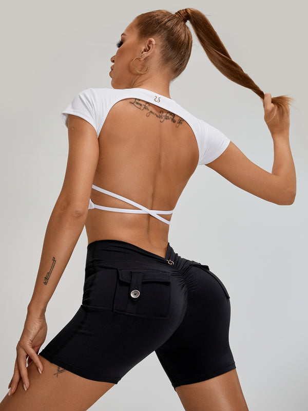 ZASUWA Female Deep V Back Pocket Scrunch Bum Cross Back Backless Short Tracksuit