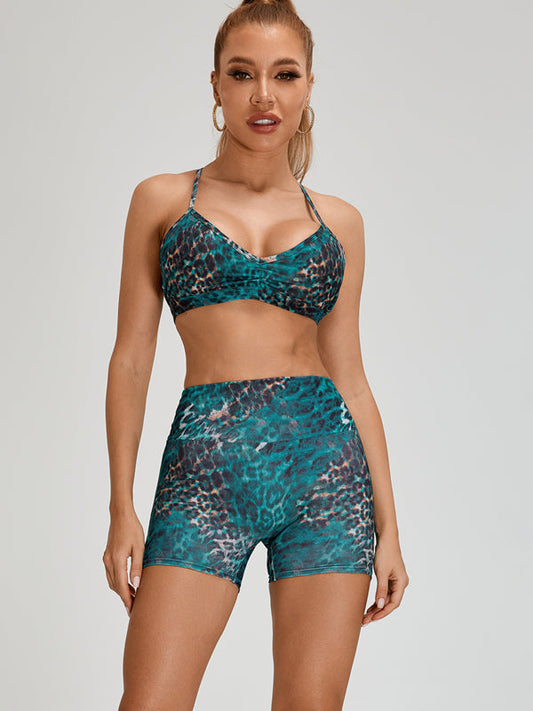 ZASUWA Female Leopard Print Scrunch Bum Cross Back Short Tracksuit