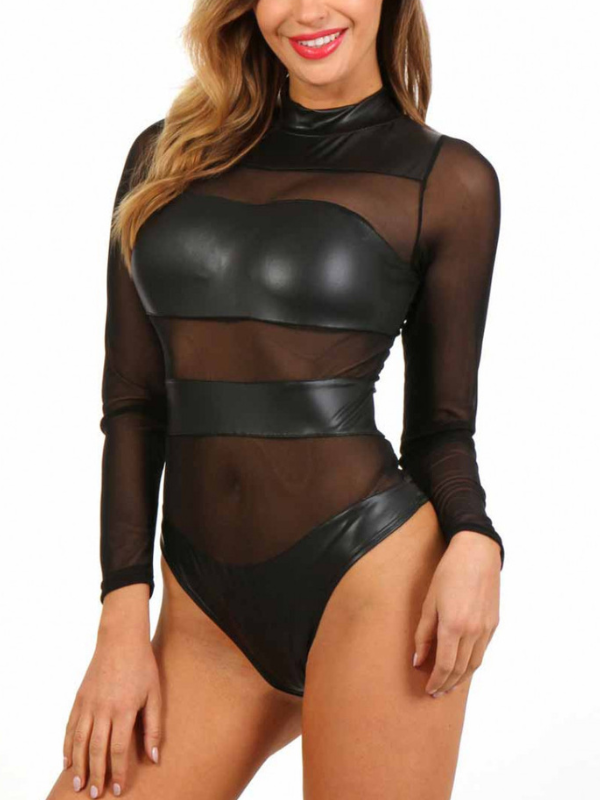 ❤ZASUWA Female Sexy Sheer PU Mesh Panel Bodysuit Lingerie