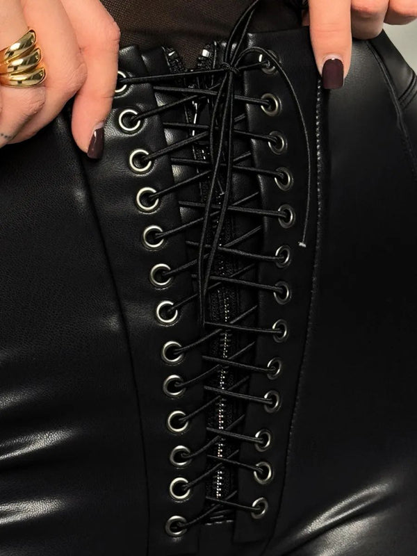 ❤ZASUWA Female Sexy Faux Leather Push Up Design Lace-up Leggings