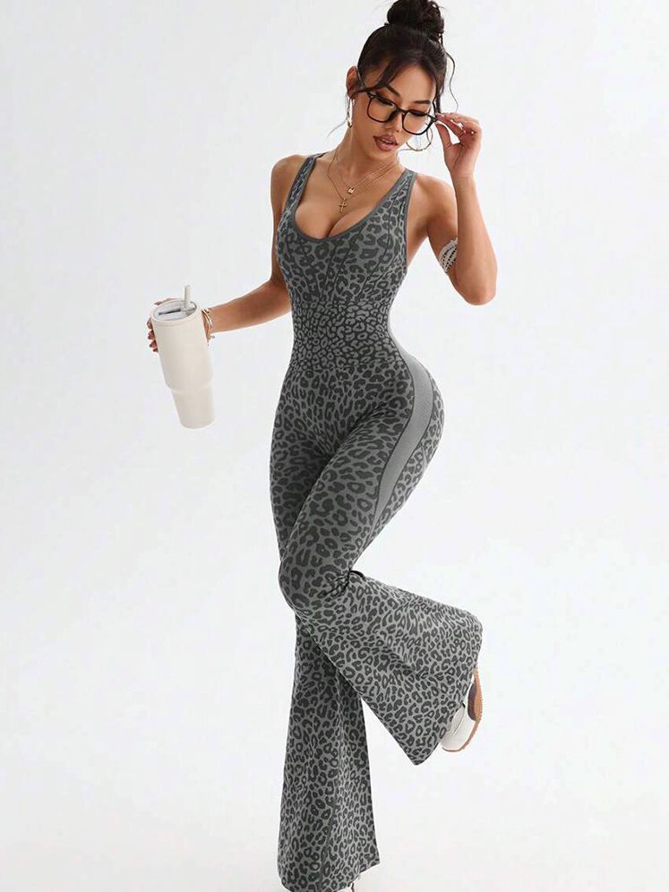 ZASUWA Female Sexy Leopard Print Hollow Out Cross Back Deep V Back Jumpsuit