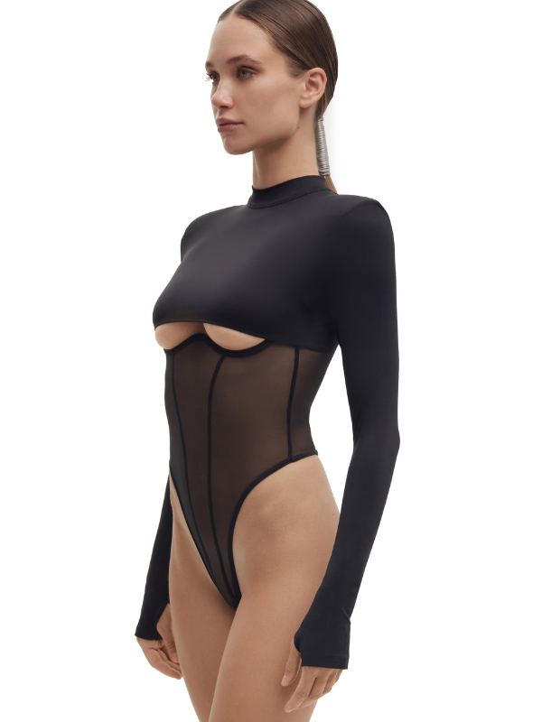 ?ZASUWA Female Sexy Mesh Panel Push-Up Cutout Bodysuit