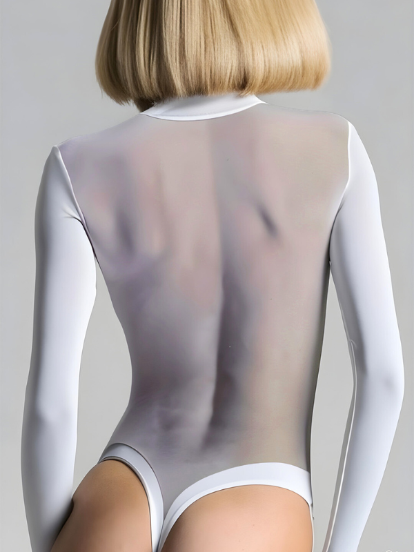 ❤ZASUWA Female Sexy Deep V See-Through Mesh Patchwork Long Sleeve Bodysuit