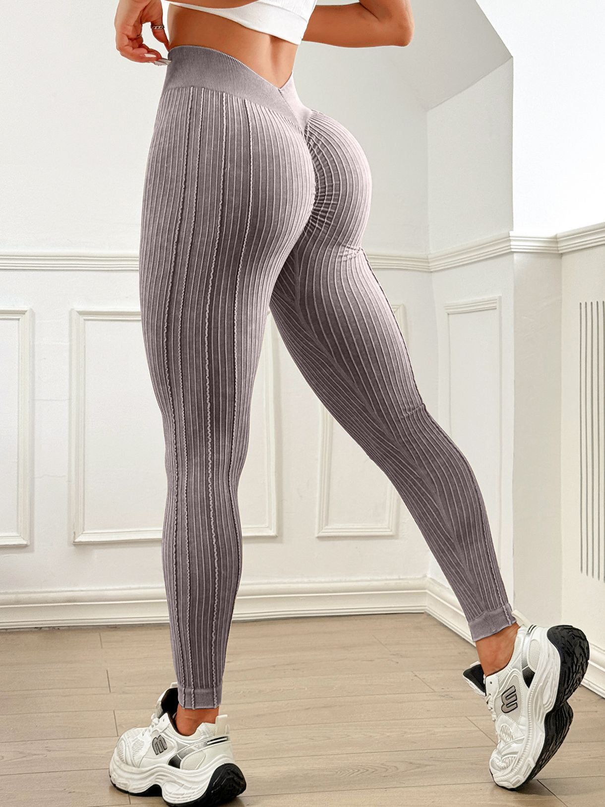 ASUWA Female V-shaped Waist Ribbed High-waisted Hip-lift Scrunch Bum Leggings