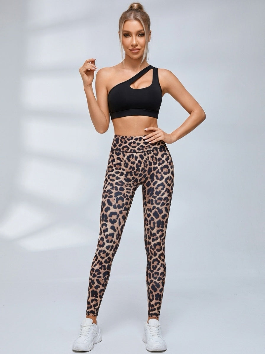 One Shoulder Top V Waist Leopard Yoga Set