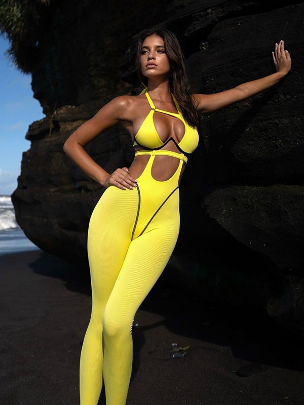 Sexy Contrast Color Stripe Hollow Out Jumpsuit