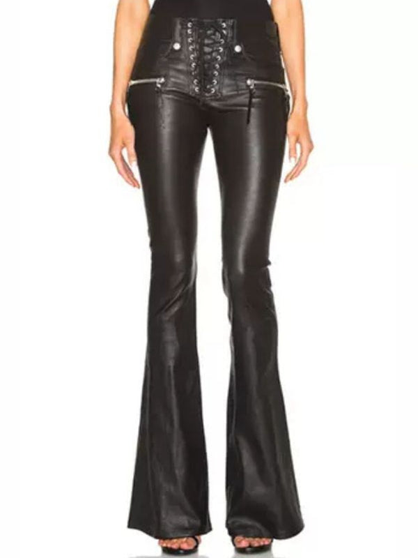 ZASUWA Female Faux Leather Zipper Lace-up Flare Leggings
